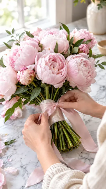 Florist tying a pale silk ribbon around blush pink peonies on a marble counter