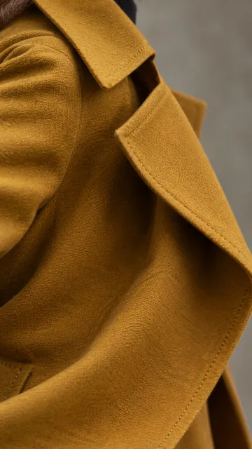Close detail of an ochre wool coat lapel in soft gallery daylight