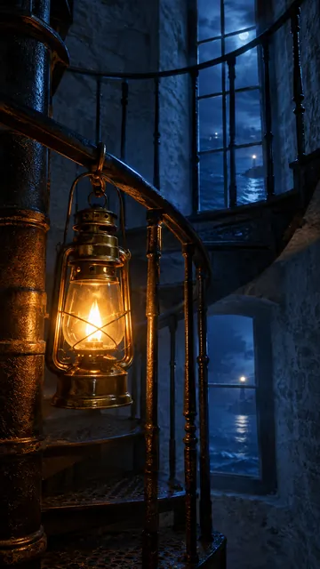 Glowing brass lantern hanging on a lighthouse spiral staircase at night